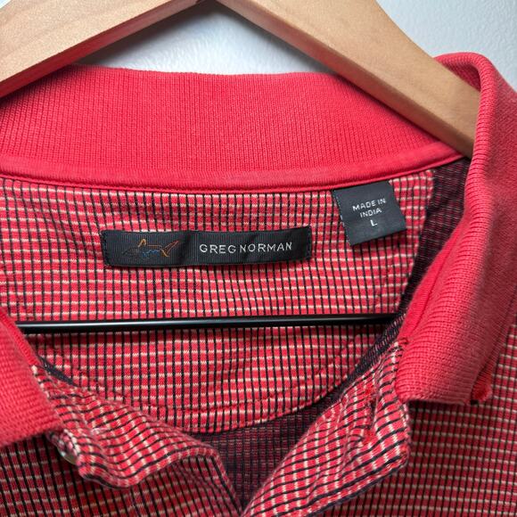 Greg Norman Men's Short Sleeve Cotton Grid Check Print Polo Shirt Red Size Large - Picture 3 of 6
